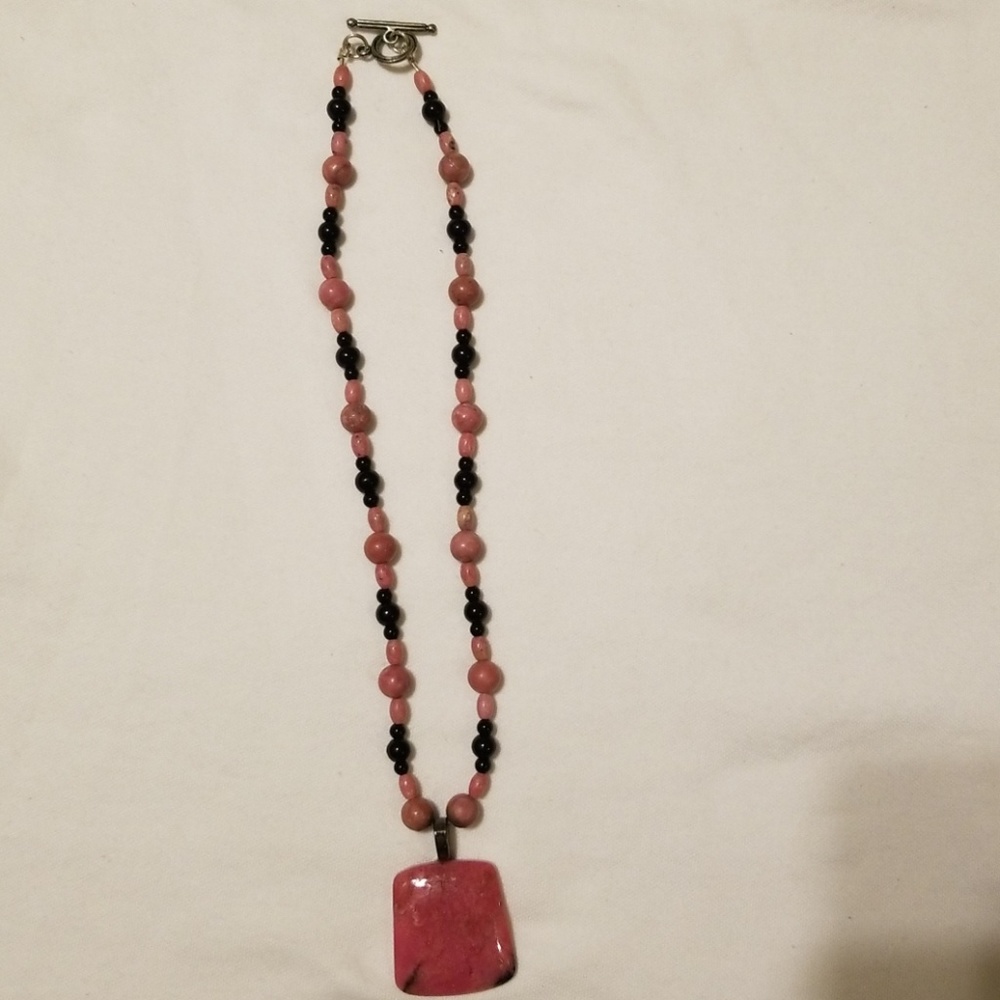 Pink and black stone beaded necklace